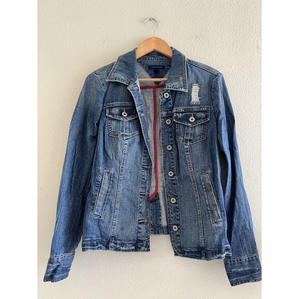 Tommy Hilfiger Vintage Y2K Medium Wash Fitted Denim Jean Jacket Distressed